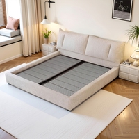 Lit double haut en chêne, moderne et minimaliste, en chenille crémeuse, réglable, durable, écologique, multifonctionnel, pour chambre parentale