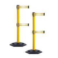 Barrière de file d'attente rétractable en métal avec bande double et base en caoutchouc