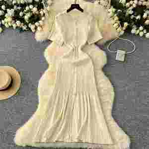 Vestido Midi de Punto con Cuello Redondo para Mujer, Verano 2024, Vestido Corto de Encaje con Manga Corta, Color Negro y Blanco - Product Image 3