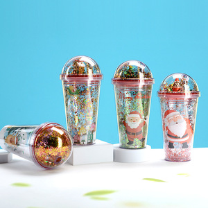 Zhen Ai Christmas Water Bottle Double Layer Plastic Straw Cup Reusable Glitter Design Gift Cup For Holiday Presents - Product Image 4
