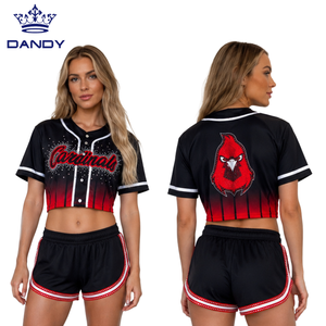 Top Corto de Béisbol con Pedrería Degradado Negro y Rojo con Diseño de Pájaro Cardenal para Mujer, Uniformes de Animadoras - Product Image 1