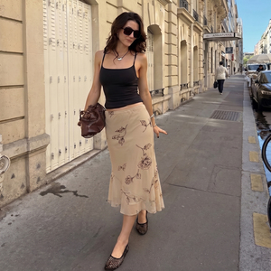 Rose Print <b>Split</b> Mesh Mermaid Midi <b>Skirt</b> Vintage French Romantic Elegant Flattering Classic Fish Tail <b>Skirt</b> - Product Image 1