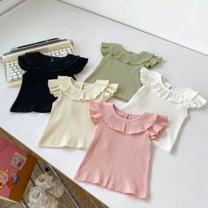 Mùa Hè Mới Cô Gái Bay Tay Áo Tops Ruffle Cổ Trẻ Sơ Sinh Rắn Colour T-Shirt Mỏng Quần Áo Trẻ Em - Product Image 2