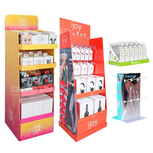 Custom Foldable Eco-Friendly Earphone Speaker Cardboard Display Shelf Hooks Double-Sided Counter Display Box Electronics