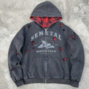 Nueva Sudadera con Capucha con Cremallera Estilo Streetwear, Oversize, de Algodón, con Efecto Desgastado, Forro a Cuadros, Lavado Ácido, Reversible - Product Image 2