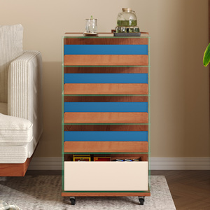 Solid Wood And Glass <b>Side</b> <b>Table</b> 5 Tier Movable <b>Storage</b> Cabinet For Living Room Coffee <b>Table</b> - Product Image 2