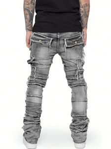 Jeans déchirés pour homme NOWY, coupe évasée, extensibles, respirants, taille mi-haute, décontractés, effet vieilli, style cargo, vente en gros - Product Image 6