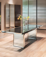 Table à manger rectangulaire en verre avec base en acier et plateau en verre trempé pour salle à manger, cuisine, salle de conférence, vente en gros