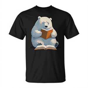 T-shirt en coton noir unisexe pour adulte, motif ours polaire mignon lisant un livre, vêtements décontractés - Product Image 2