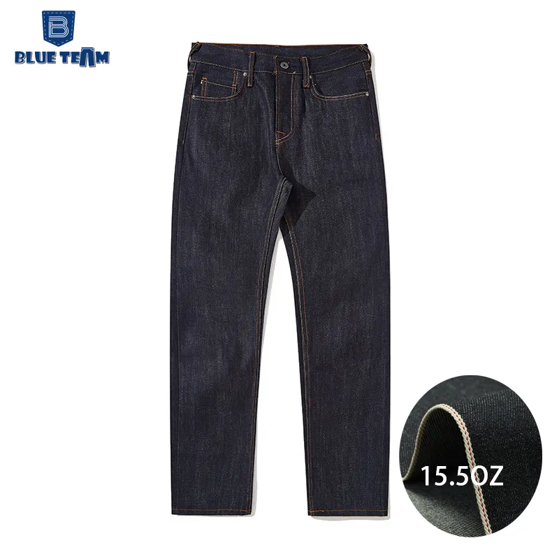 Blauw Team Aanpassen Custom Denim Fabrikant Zwaargewicht Rauwe Selvedge Denim Jeans Mannen Rechte Been Selvedges 13oz Denim