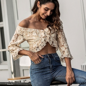 Blusa de encaje de boutique para mujer, camisa/blusa de verano casual, nueva, de manga larga, top corto adelgazante, venta al por mayor - Product Image 5