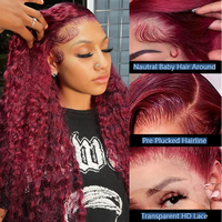 Perruques brésiliennes vierges HD en cheveux humains, couleur bordeaux, avec frontale, naturelles, afro crépues bouclées pour femmes noires - Sans colle