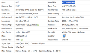 MV270QHM-N40 Nuevo en Stock, Módulo LCD para Monitor de Computadora BOE de 27.0 Pulgadas, 2K Quad-HD, 108PPI - Product Image 3