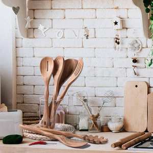 Juego de Utensilios de Cocina de 6 Piezas, Cucharas y Tenedores Largos de Bambú Acacia Modernos de 12 Pulgadas, Ecológicos, Sostenibles y Duraderos - Product Image 5