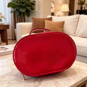 Pochette de maquillage ovale en <span class=keywords><strong>cuir</strong></span> rouge, portable, avec poignée, fermeture éclair dorée, <span class=keywords><strong>organiseur</strong></span> de beauté de <span class=keywords><strong>luxe</strong></span> pour femmes - Product Image 2