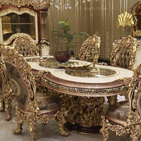 Ensemble table et chaises de salle à manger en bois antique sculpté à la main de style européen royal baroque, design traditionnel de villa