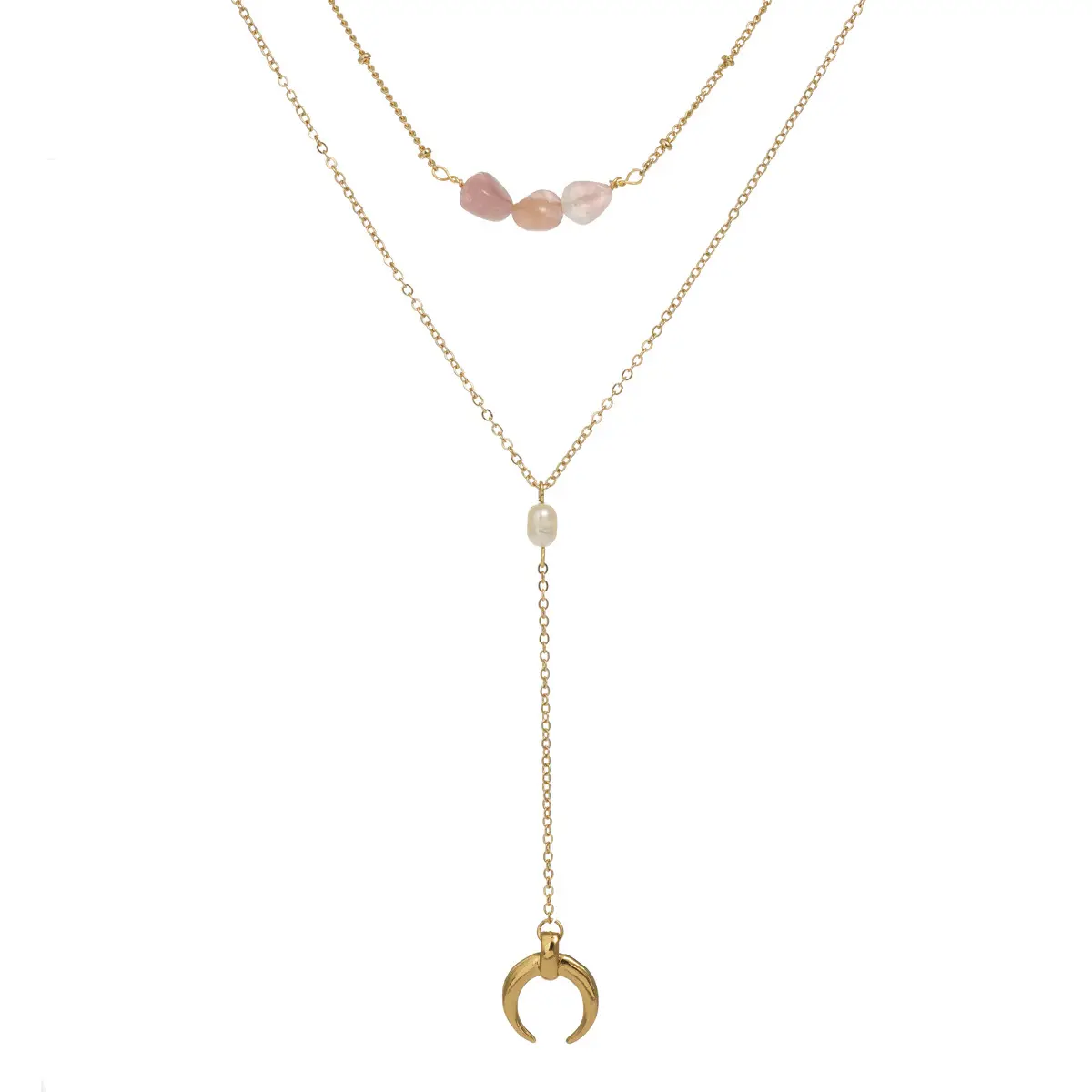 Imitated Natural Stone Pink Crystal Charm Necklace Chocker 18K Gold Pearl Crescent Multi Layered Necklace for Women