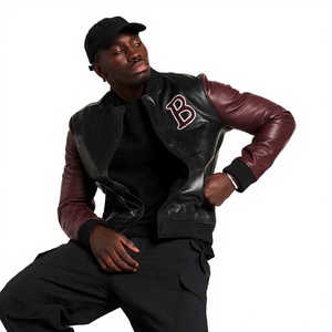 <b>Men's</b> PU <b>Leather</b> Bomber <b>Jacket</b> Black Maroon Sleeve Embroidered B Letter Turn-down Collar Zipper Closure Casual Autumn Wear - Product Image 1