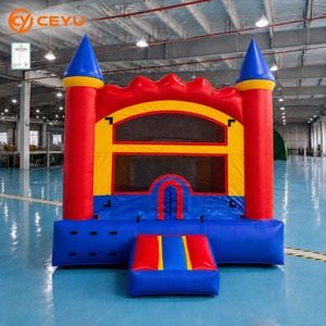 Château gonflable Ceyu avec double tour, fenêtre en maille, entrée en arche, rampe d'accès, rouge, jaune, bleu, jouet de fête pour enfants en plein air - Product Image 1