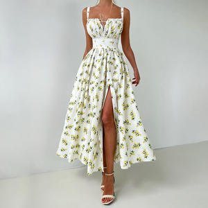 Maxi abito 2025 in puro cotone con spacco personalizzato prendisole regolabile all'americana abbigliamento da Resort floreale per abiti <span class=keywords><strong>Vintage</strong></span> stampati <span class=keywords><strong>Boutique</strong></span> - Product Image 1