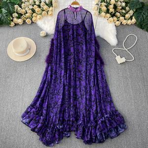 Robe élégante à manches <span class=keywords><strong>poilues</strong></span> et à col montant pour <span class=keywords><strong>femmes</strong></span>, jupe longue imprimée à volants et coupe ample - Product Image 5