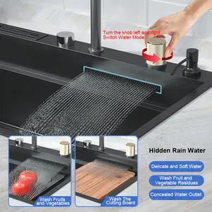 Luxury Gunmetal Black Wash Sinks Waterfall Faucet Hot Sale 304 Stainless Steel Multi-functions Kitchen Sink