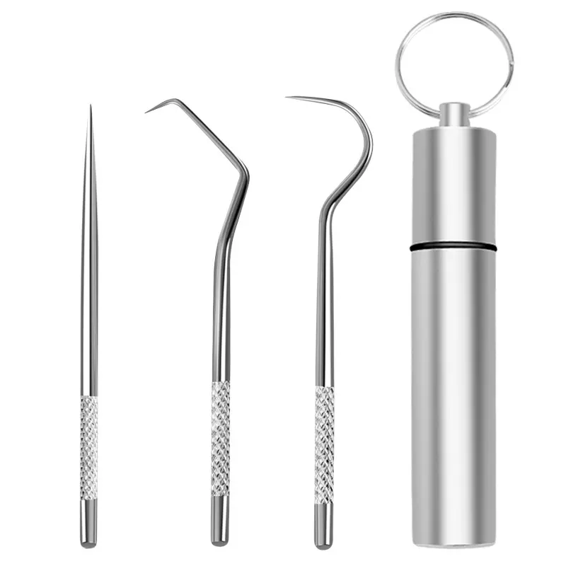 304 in acciaio inox Kit stuzzicadenti riutilizzabili Set 3 pz stuzzicadenti tascabile portatile con supporto per viaggi all'aperto