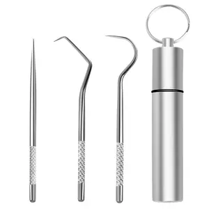 304 kit de palitos de dente de aço inoxidável reutilizáveis conjunto de 3 peças de palitos de dente de bolso portátil com suporte para viagens ao ar livre