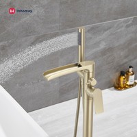 Robinet de baignoire cascade moderne à montage au sol en laiton massif, finition or brossé, pour appartement et hôtel