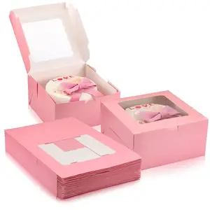 Cajas de pastel rosa con ventana 10x10x5 pulgadas Cajas de postres de panadería Contenedores de pastel desechables cuadrados Caja de embalaje de pastel de queso