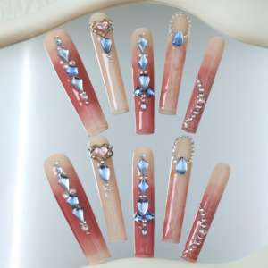 Vente en gros d'ongles artificiels en acrylique haut de gamme faits à la main, faux ongles carrés à couverture complète, dégradé rose, design avec strass, personnalisables. - Product Image 3