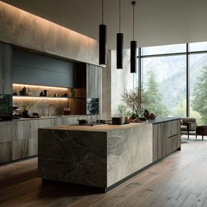 VSME Mobili da <span class=keywords><strong>Cucina</strong></span> di Lusso Minimalisti Italiani con Isola in Pietra e Set di Armadi Modulari in Legno Grigio - Product Image 1