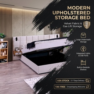 [Stock US] <span class=keywords><strong>Lit</strong></span> plateforme king-size rembourré en velours, 2 couleurs, avec 2 étagères, 2 lampes de lecture et port USB, livraison rapide depuis les États-Unis - Product Image 5