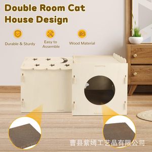 Double Room Cat House Wood Material 2 Levels Easy To Assemble Cat Tree With <b>Scratching</b> <b>Post</b> - Product Image 1