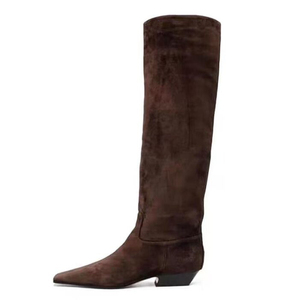 Size 44 Stone Prints Women Knee High Boots Low Chunky Heels Suede Shoes on Wide Fit Pointed Toe <b>Long</b> Boots - Product Image 2