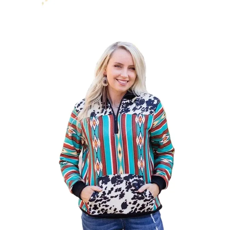 Women's cow pattern sweater 1/3 zipper pullover loose coat for women