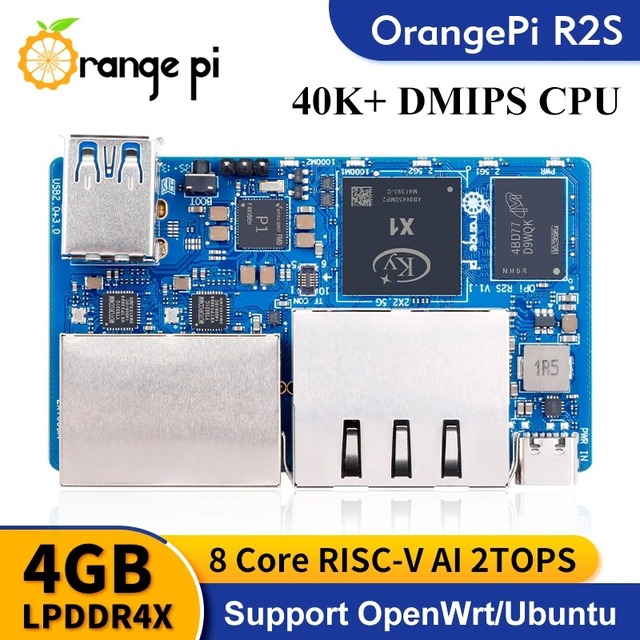 Orange Pi R2S 4GB RAM 8GB EMMC RISC-V Single Board Computer 2 TOPS NPU 2x2.5G + 2x1000M Gigabit Ethernet Development Board