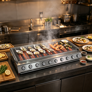 Parrilla de Gas Comercial de 10 Quemadores Ampliada para Asar Pescado (Calamar) en Brochetas Mixtas, Equipo de Cocina para Restaurantes y Catering - Product Image 2