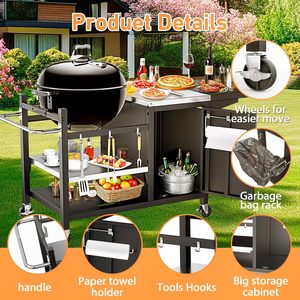 Le chariot de barbecue est compatible avec les barbecues <span class=keywords><strong>Weber</strong></span> <span class=keywords><strong>Kettle</strong></span>, avec étagères réglables sur 3 niveaux, un meuble de rangement, des crochets et un support pour remorque. - Product Image 3