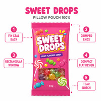 Wrapped Hard Candy Pillow Pouch Mylar Bag Flat Window Tear Notch Food Plastic Packaging Bagsfor Fruit Drops Candies Lollipops