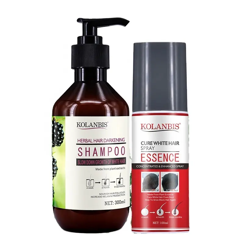 KOLANBIS Großhandel Kräuter Verdunkelung Heilung Weißes Haar Anti Graues Haar Schwarze Farbe Haar Shampoo Und Spray Set