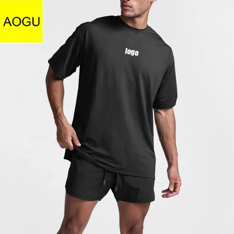 AOGU Custom Brand Active Wear Gym Plain Black Basic Sports Tshirt for Men