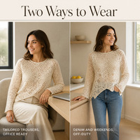 Chemisier en dentelle crochetée pour femme, personnalisé OEM, à manches longues, ajouré, tricoté, col rond, ourlet pointu, chemise décontractée, vente en gros