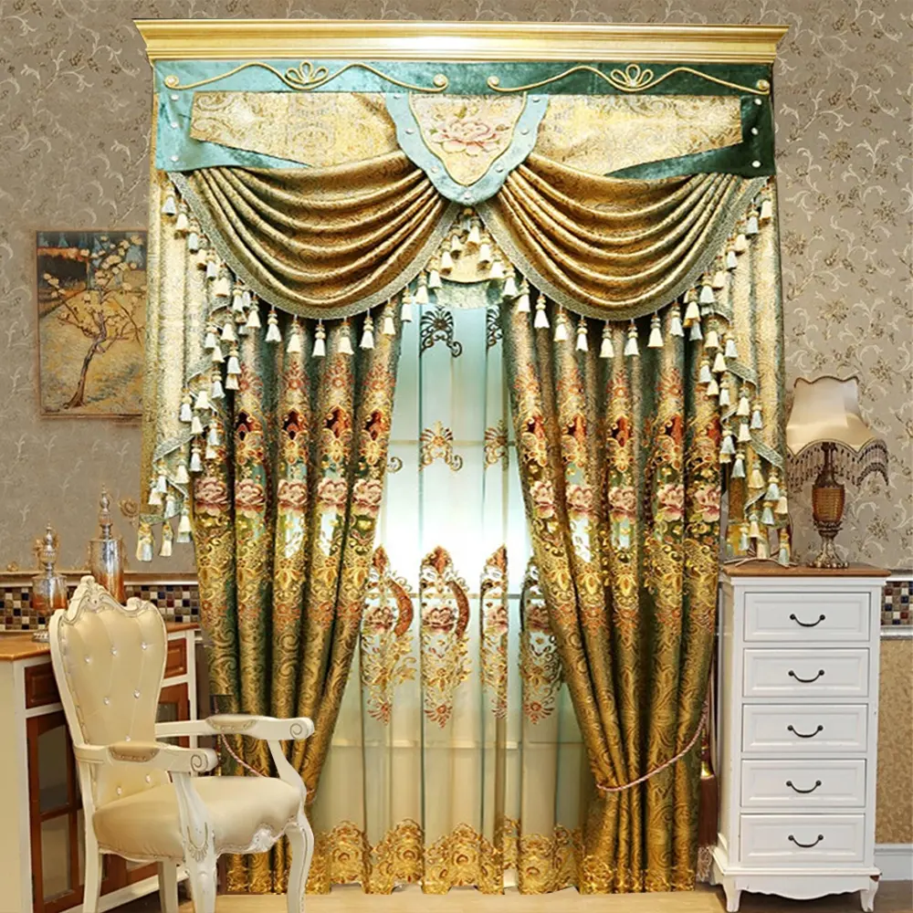 Mewah Halus Rumah Tirai untuk Living Room Golden Hotel Pintu Kamar Bordir Tirai Gelap Tirai untuk Villa