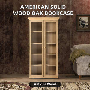 American Country Solid Wood Bookcase Oak Storage <b>Cabinet</b> Glass Door Display Bookshelf for Living Room Home <b>Office</b> - Product Image 2