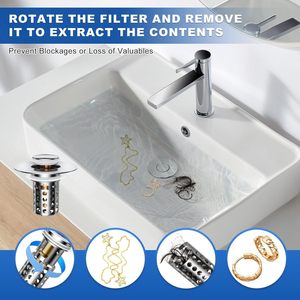Siphon universel anti-odeur à poussoir escamotable, style minimaliste moderne, avec filtre anti-cheveux intégré, pour lavabos et éviers - Product Image 6