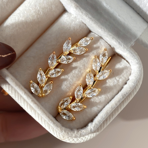 Gold Plated <b>Leaf</b> Stud Earrings With Marquise Cut Crystal Rhinestones For Women Party Jewelry Classic Design - Product Image 5