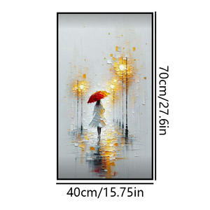 Peinture à l'huile sur toile représentant une rue pluvieuse atmosphérique - Parapluie rouge fait main avec figurine encadrée, décoration murale <span class=keywords><strong>40x70</strong></span> cm pour salon - Product Image 2