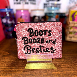<b>Pink</b> Rectangular <b>Purse</b> With Boots Booze And Besties Embroidery Textile Craft - Product Image 1