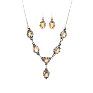 925 Sterling Silver Citrine Jewelry Set Necklace Earrings Teardrop Pendant Golden Gemstones Bezel Setting Women's Everyday Wear - Product Image 1